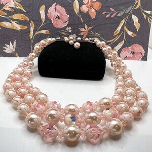 Pink Pearls and Crystals Triple Strand Necklace